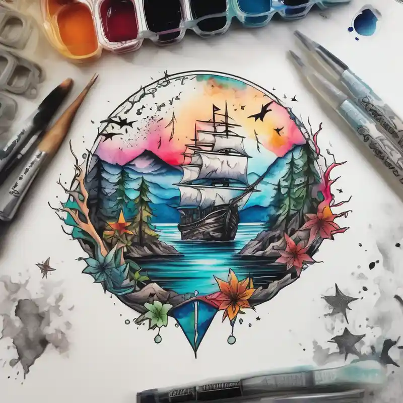 tattoo that has an acacia tree with forest mountains, ocean with a ship wreck with sharks and the bright northern star half